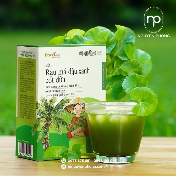 Mẫu hộp đựng bột rau má in logo thương hiệu